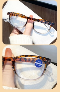 Detail of tortoise shell reading glasses featuring anti-blue light lens and +2.00 strength