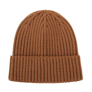 Close-up of caramel brown ribbed knit baby beanie showing detailed wool texture