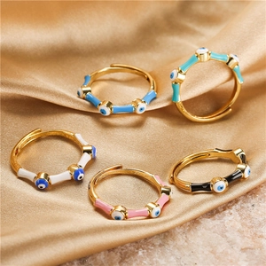 Evil Eye Bamboo Joint Open Adjustable Ring Copper Gold Plated Enamel Drip Oil For Women Bohemian Style Jewelry