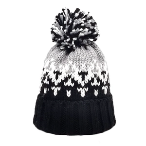 Women winter knit beanie with large pompom and gradient wave pattern in grey black