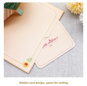 Macro view of 3D pop-up card featuring a hidden Best Wishes insert and sunflower patterns