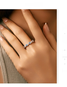 Macro detail of S925 silver ring featuring round blue stones and marquise cut zircons