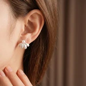 French vintage flower earrings with pearl studs in brushed champagne gold finish
