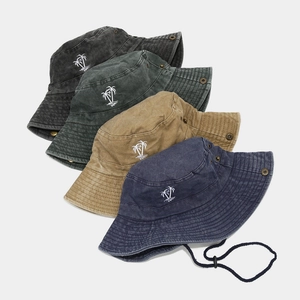 Washed cotton bucket hats with palm tree embroidery and adjustable windproof cords