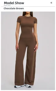 Women's chocolate brown yoga set featuring a short sleeve tight top and wide leg pants