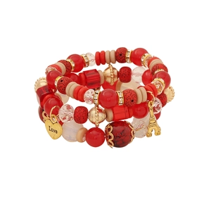 Red multi-layer beaded bracelet with gold Love heart and Eiffel Tower pendants