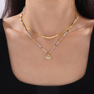 Double layer gold plated necklace with colorful beads and shell zircon pendant for women