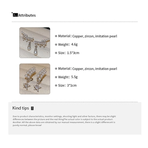 Detailed size and weight chart for star and drop earrings with zircon and pearls