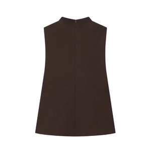 Rear view of dark brown sleeveless top featuring high neck collar and back zipper detail