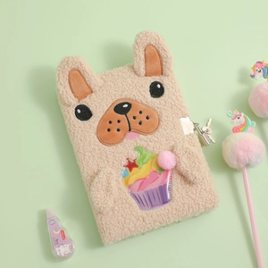 Detail of A5 plush dog journal with metal lock and rainbow cupcake embroidery