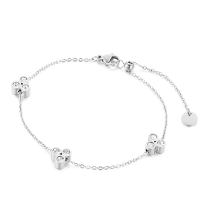 Minimalist silver clover bracelet with inlaid clear crystals and adjustable lobster clasp