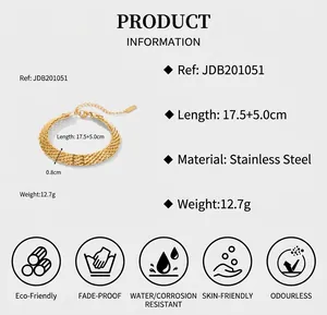Détail du bracelet en maille d'acier inoxydable plaqué or 18 carats avec spécifications
