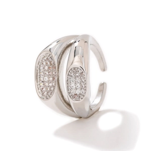 Minimalist double layer silver open ring with zircon stones on white background