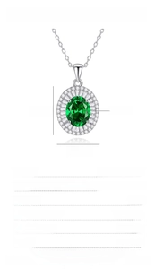 Detailed spec sheet showing S925 silver necklace with 10x8mm emerald-style gemstone