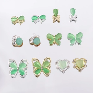 12pcs set of green cat-eye stone butterfly and heart charms for DIY nail art decoration