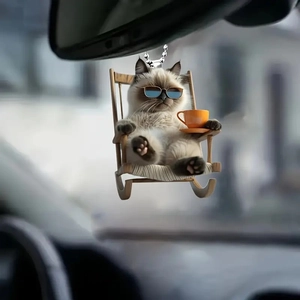 Acrylic car charm featuring a cute cat with sunglasses in a rocking chair with coffee