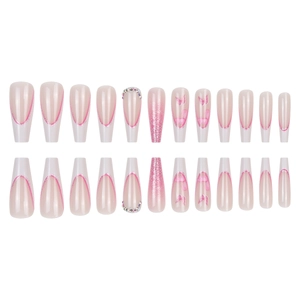 Pink French glitter ballet press-on nails with butterfly patterns and rhinestones