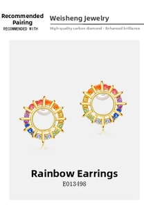 Macro shot of colorful round earrings with rainbow zircons in a golden sunburst setting
