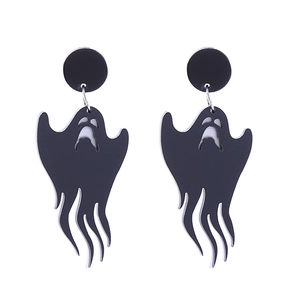 Macro detail of black and white acrylic ghost earrings with high gloss finish and hooks
