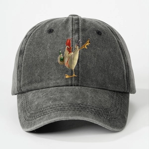 Close-up of charcoal grey washed cotton baseball cap with embroidered rooster design