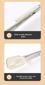 Detail of stainless steel food tongs with heat-resistant silicone handle and built-in stand