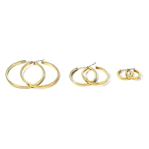 Three sizes of 18K gold plated stainless steel hoop earrings set on white background