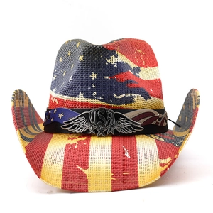 Detailed close-up of a woven cowboy hat with USA flag pattern and metal logo emblem