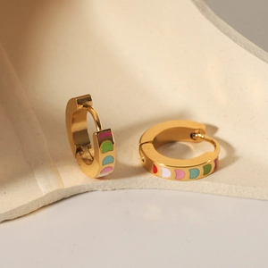 Retro 18K Gold Plated Stainless Steel Hoop Earrings With Colorful Enamel Rainbow Geometric Design For Women Fashion