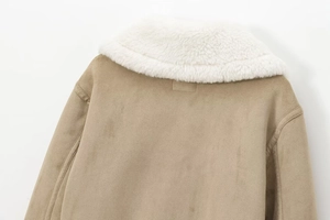 Detail of camel faux suede jacket featuring a warm white faux shearling collar