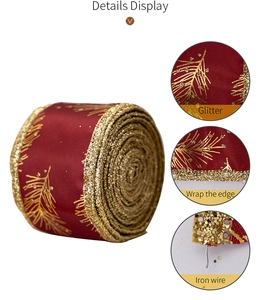 Detail of burgundy Christmas ribbon with golden glitter pine needles and wired edge