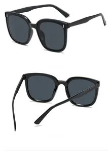 Detail shots of large black square sunglasses featuring silver metal decor from side and back