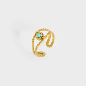 18K gold plated stainless steel ring with turquoise stone in double-layered bead design