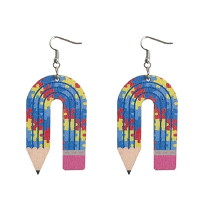 U-shaped pencil wooden earrings with colorful red yellow blue puzzle pattern design
