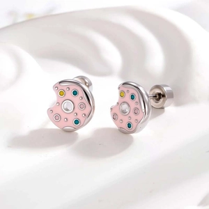 Pink enamel donut cartilage stud earrings with colorful cubic zirconia in silver metal