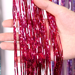 Rose red laser rain curtain for party backdrop with shiny sequins and fringe tassels