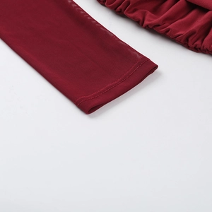 Macro shot of dark red mesh sleeve cuffs and gathered pleats on this elegant dress