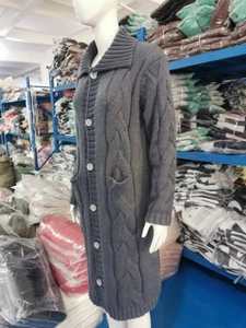 Close-up of cable knit texture and white buttons on a long grey cardigan sweater
