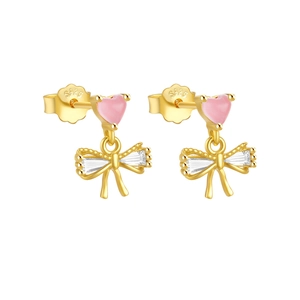 Detailed shot of S925 sterling silver bow earrings with pink heart and clear zircons