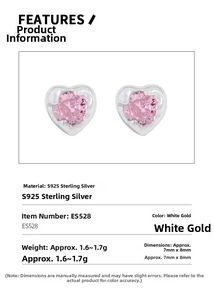 Detailed specs of S925 sterling silver heart earrings with 7mm pink zircon stones