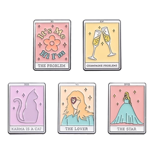 Five-piece Taylor Swift inspired tarot style enamel pin set with Karma Is A Cat lyrics