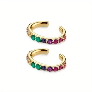 Luxury gold ear cuffs with colorful multi-stone zircon crystals in a vintage stackable style