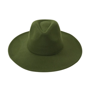 Top down view of deep olive green wool fedora with a wide brim and classic pinched crown