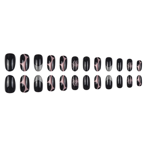 24pcs Halloween almond press-on nails with black spider web and pink geometric designs