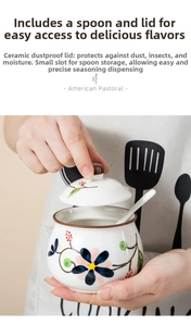 Detail of ceramic seasoning jar with floral pattern, spoon slot, and dustproof lid design