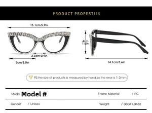 Tabella taglie per occhiali da sole cat eye in PC con dimensioni in cm e pollici