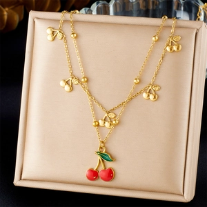 Collana Con Pendente Ciliegia Acciaio Inossidabile Stratificato Gioielli Moda Frutta Dolce Smalto Per Donna Accessorio Elegante