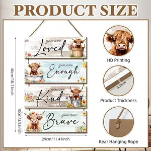 Rustic farmhouse Highland Cow wooden door sign with inspirational quotes and dimensions