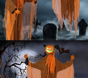 Detailed view of glowing pumpkin ghost hanging prop with orange gauze in spooky graveyard