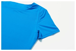 Detail view of sky blue yoga t-shirt neckline and sleeve with flatlock stitching