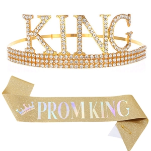 Golden Prom King set featuring a crown with crystals and a matching glitter sash